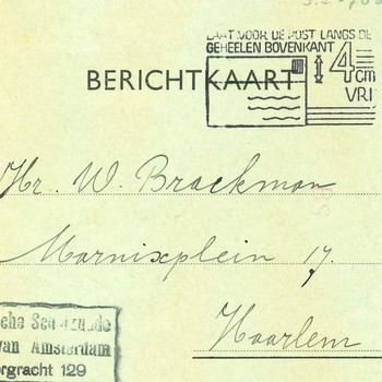 Briefkaart voor dhr Brackman te Haarlem