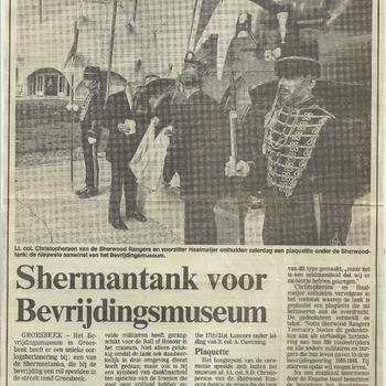 Documenten over arriveren Sherman Tank bij Bevrijdingsmuseum, 1988