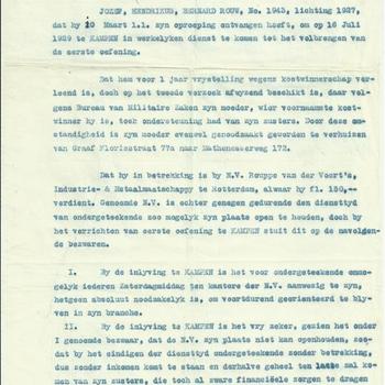 Zyne Excellentie den minister van Defensie  aan  dhr J.H.B. Rouw te Rotterdam 20 maart 1929