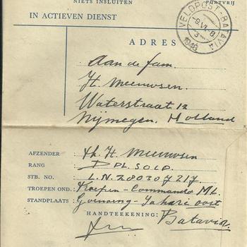 Brief aan de familie Meeuwsen te Nijmegen van de dpl soldaat T.H. Meeuwsen te Batavia  8 juni 1948