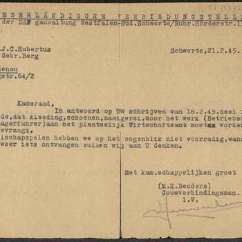 Brief van de Niederländische Verbindungsstelle bei der DAF gauwaltung Westfalen Süd aan J.C. Hubertus, d.d. 21.2.45