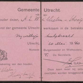 Identiteitskaart Gemeente Utrecht, d.d. 10 mei 1940,  A.E. Wilhelm-Hooybergh