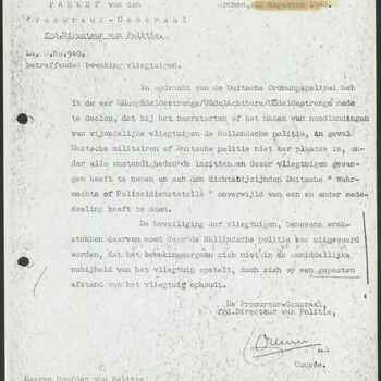 Brief van de Procureur-Generaal fgd Directeur van Politie te Arnhem aan Heeren Hoofden van Politie in de provincie Gelderland d.d. 12-08-1940.