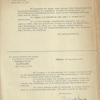 Brief van de N.V. Nederlandsche Spoorwegen gevestigd te Utrecht, Algemeene Dienst, Utrecht 12 september 1944