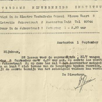 Amsterdams Nijverheids Instituut  - bericht voor  dhr van Oosten. 1 september 1945 - cursus NI/V