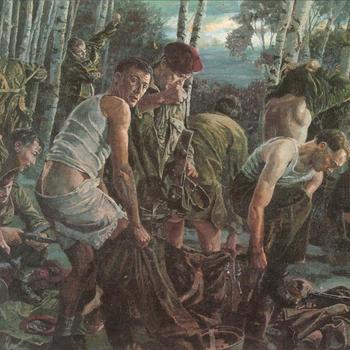 Foto van een schilderij van Brian Sanders van soldaten voor de Rijnoversteek na de slag om Arnhem 1944