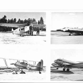 Foto van 4 vliegtuigen:  Fokker F.VIIa, Saab 35 Draken,  Fokker C.X, Douglas C-53 Skytrooper