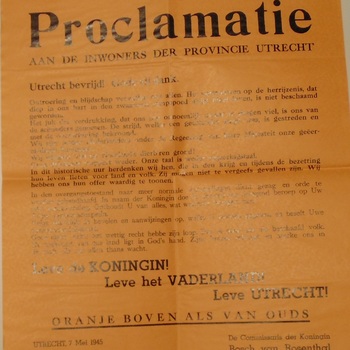 Proclamatie aan de inwoners der provincie Utrecht van de Commissaris der Koningin Bosch van Rosenthal  7 mei 1945