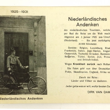 Gedenkkaartje Wereldfietsreiziger en journalist Dirk van Dam (1900-?) – tweede fietsreis, 1927