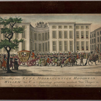 Inhaaling van Zyne Doorluchtige Hoogheid Willem den V. in 's Gravenhage getrokken wordende door Burgers en Burgeressen, op den 20. September 1787