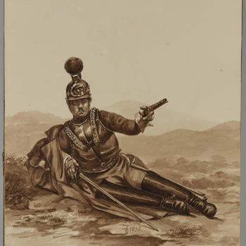 Tekening van een kurassier met sabel en pistool, 1836