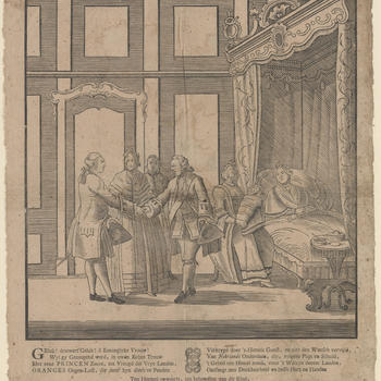 Volksprent met kraamvisite voor Willem Frederik, zoon van stadhouder Willem V en Wilhelmina van Pruisen, 1772