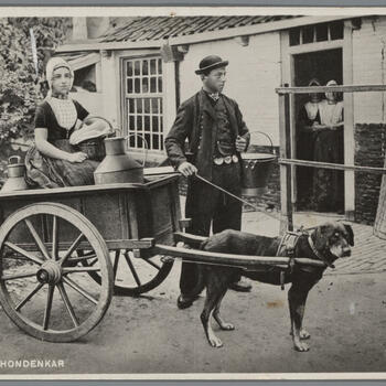 Vrouw en man in Walcherse streekdracht met hondenkar, 1905–1937