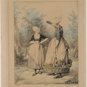 Vrouw met gevulde manden en boerin van Walcheren, circa 1820