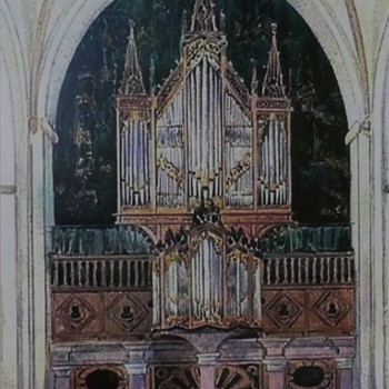 Reproductie van tekening voorstellende het Gerritsz-orgel (1479/1547), nog op zijn oorspronkleijke plaats in de Utrechtse Nicolaikerk..