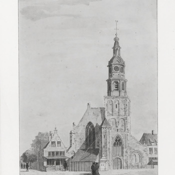 Markt met St. Lambertuskerk. Repro van een prent uit het rijksmuseum te Amsterdam van dehand van J. Ekels.