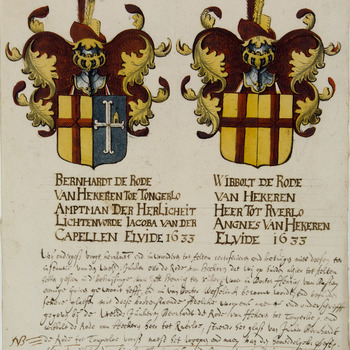 [Twee glasramen in een huis te Aalten met de wapens van de echtparen Bernardt de Rode van Hekeren toe Tongerlo en Jacoba van der Cappellen, 1633 en Wibbolt de Rode van Hekeren en Agnes van Hekeren, 1633 en 1650
