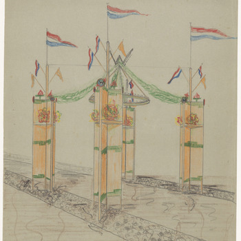 Een ontwerp van een erepoort gemaakt ter gelegenheid van een belangrijke gebeurtenis voor Koningin Wilhelmina, mogelijk een jubileum of haar verjaardag, , , [1946]