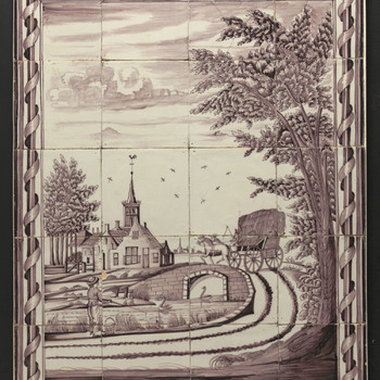 Tegeltableau van keramiek, tinglazuur, voorstellende een landschap gemaakt in Utrecht ca. 1840-1860