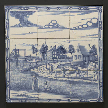 Tegeltableau van keramiek, tinglazuur, voorstellende een landschap gemaakt in Amsterdam ca. 1800-1825