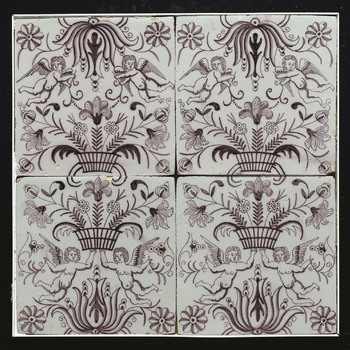 Tegelveld in tinglazuur, voorstellende: ornament, decor Fijne mandjes met cupido's, gemaakt in Utrecht ca. 1880