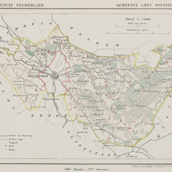 Kaart, in passe-partout, waarop afgebeeld 'Gemeente Ambt Doetinchem' door H. Suringer, 1866