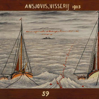 Schilderij, getiteld 'Ansjovis-visserij 1905 / 59', door E. den Herder, ca. 1944