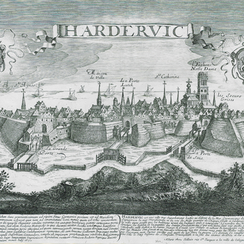 Spiegelbeeldig gezicht op Hardervic vanaf landzijde, ca. 1673