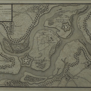 plattegrond forten St. Andries en De Voorn tussen Maas en Waal tijdens beleg van Franse troepen in 1672. Gravure gemaakt in Frankrijk.