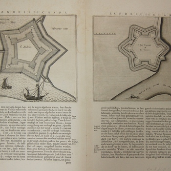 Bladzijden stedenatlas fort St. Andries en fort Nassau of De Voorn. Opschriften in Latijn. Gravure, Joh. Blaeu, ca, 1650.