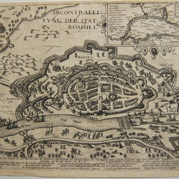 Plattegrond met versterkingen tijdens beleg Zaltbommel in 1599. Staatse en Spaanse troepen. Duitse teksten. Gravure met watermerk.
