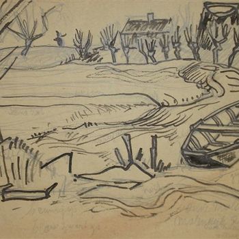 tekening, potlood met waterverf, gezicht op een dijkje met knotwilgen,  Jan van Anrooy