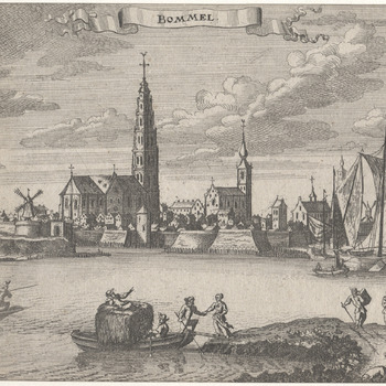 gezicht op Zaltbommel vanaf de rivier de Waal. Gravure, C. Boutats, periode 1672-1674.