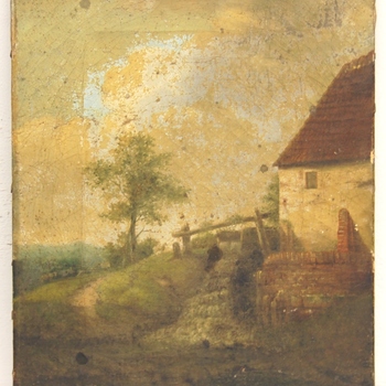 gezicht op een watermolen in landschap. Ongelijst, olieverf op hout. P.A. v.d. Garde, 1847.
