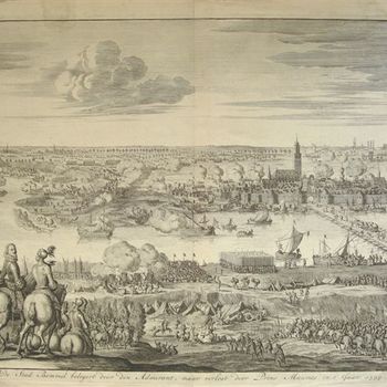 Gezicht op beleg  Zaltbommel in 1599 met schipbrug, Spaanse en Staatse troepen. Gravure, J.Luyken, 1730.