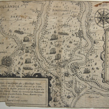 Plattegrond Bommelerwaard en omgeving tijdens oorlogshandelingen met Staatse en Spaanse troepen in 1599 - 1600. Gravure, gesigneerd door Lambertij Cornelij.