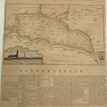 Gezicht op dijkdoorbraak Hedel 1757 en verklaringen over gevolgen. Opschriften. Gravure, J.W. Kanneman, 1757.