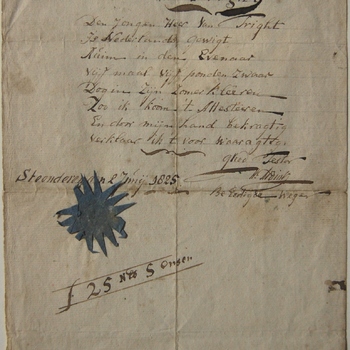 Waagattest voor D.G.C. van Trigt, afgegeven te Steenderen in 1825. Gemerkt met gemeentestempel van Steenderen Tekening. H. Addink, beëdigd weger.