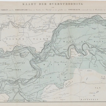 kaart van de Watersnood Bommelerwaard 1861. Machinale steendruk, de Industrie, periode 1861-1865.