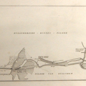 Gezicht op de dijkdoorbraak Meidijk bij Zuilichem in 1809. Figuratieve kaart. Gravure.