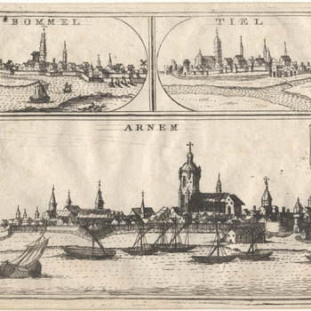 Gezicht op drie steden waaronder links bovenaan gezicht op de stad  Zaltbommel vanaf de rivier de Waal. Gravure.