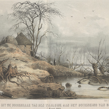 Gezicht op doorbraak Waaldijk,  Brakel, 7 maart 1861, Litho, J.P. Revers, 1861.