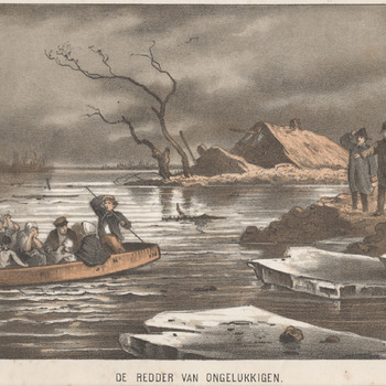 Gezicht op dijkdoorbraak met " De redder van Ongelukkigen". Litho, Emrik & Binger, periode 1861-1865.