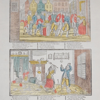 Centsprent, twee prentjes met dronken Dries en zijn huis in kleur. Opschriften. Houtsnede. J. Noman, periode 1800-1850.
