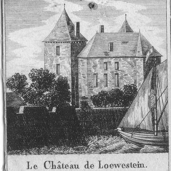 Gezicht op het slot Loevestein vanaf de rivier. Gravure. Franse teksten.