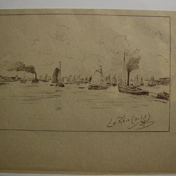 Waalgezicht, Zaltbommel, druk bevaren rivier door zeilschepen en stoomboten. Papier op inkt. Franse opschriften.