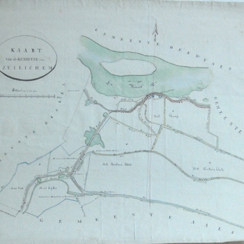 Kaart van Zuilichem met topografische aanduidingen. Gewassen pentekening. Gekleurd.