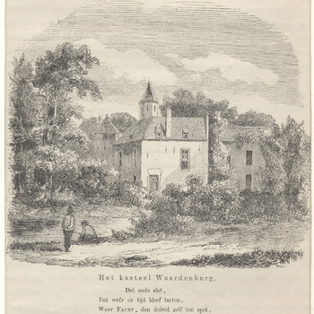 Gezicht op kasteel Waardenburg temidden van opgaand geboomte. Opschriften: vierregelig vers uit Gelderse Almanak 1842. Machinale houtgravure.