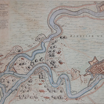 troepenbewegingen Maas en Waal met Zaltbommel, dorpen, forten in 1599. Gekleurd en Latijnse opschriften. Joh. Blaeu, 1649.