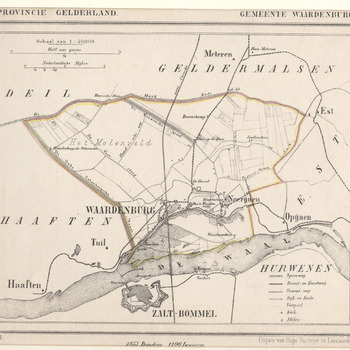 kaart van de gemeente Waardenburg en omgeving. Topografische aanduidngen. Litho, Hugo Suringar, 1867.